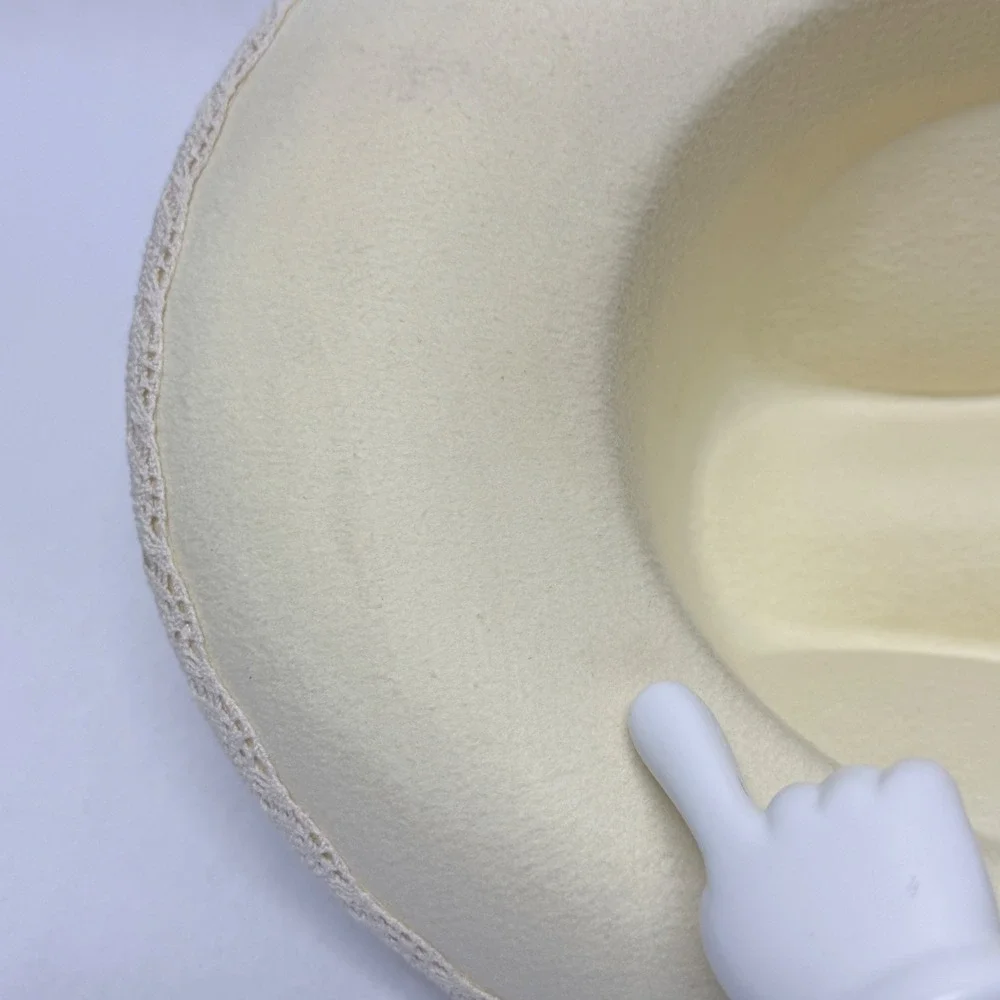 Cream Felt Western Cowboy Hat Feather Accent Lace Trim Brim Festival Boho Ivory